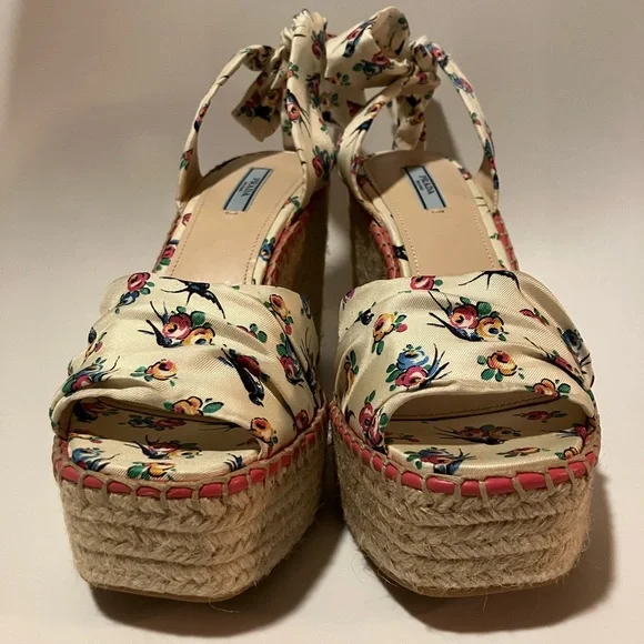 Prada Floral bird print lace up Espadrille Wedges heels sandals 41 10